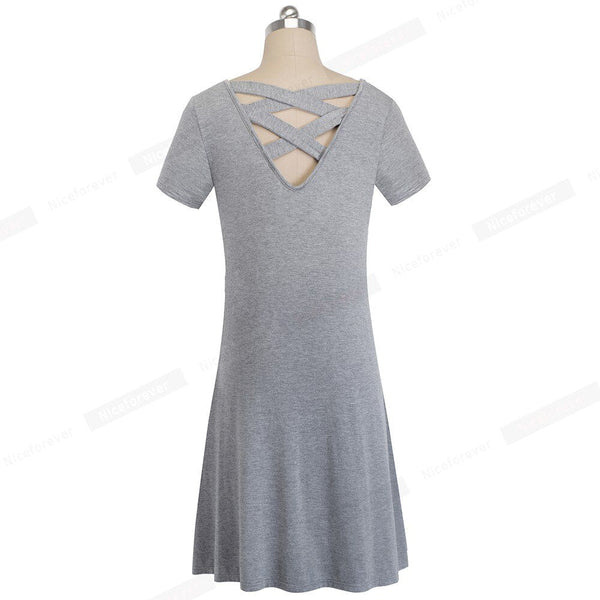 Casual Solid Color with Back Cross Shift Dresses Summer Straight Loose Women Dress - Vimost Shop