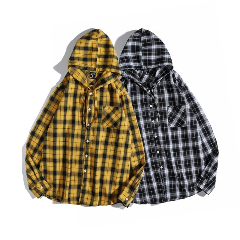 Casual Streetwear Yellow Plaid Shirt Hip Hop Men Hoodies Shirt Long Sleeve Cotton Men Clothing Camisa Masculina - Vimost Shop