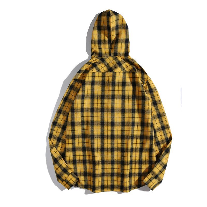 Casual Streetwear Yellow Plaid Shirt Hip Hop Men Hoodies Shirt Long Sleeve Cotton Men Clothing Camisa Masculina - Vimost Shop