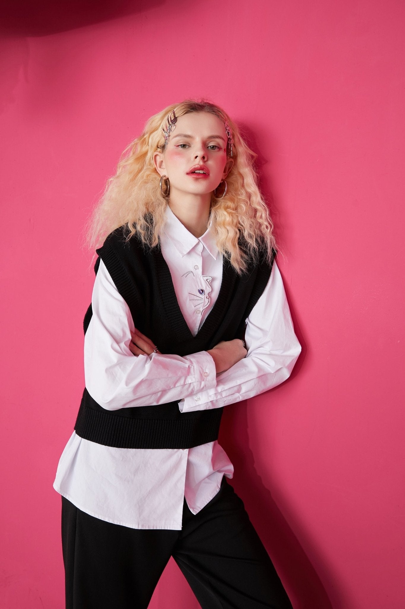Cat Embroidery Pullover Casual 2-IN-1 Shirt Women,Spring Stylish Vintage Full Sleeve Korean Ladeis Daily Top - Vimost Shop