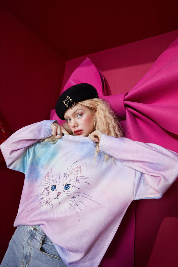 Cat Gradient Tie Dye Women Casual Knit Pullover Sweaters,Spring Vintage Diamond Beaded,Casual Girly Daily Sweet Top - Vimost Shop