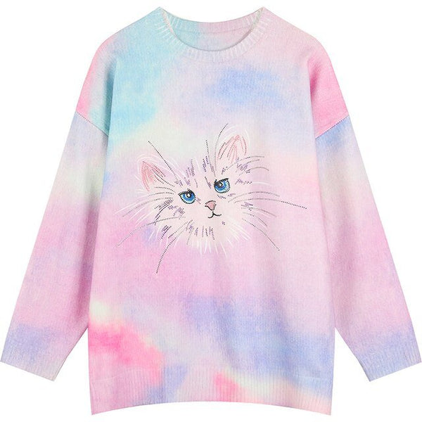 Cat Gradient Tie Dye Women Casual Knit Pullover Sweaters,Spring Vintage Diamond Beaded,Casual Girly Daily Sweet Top - Vimost Shop