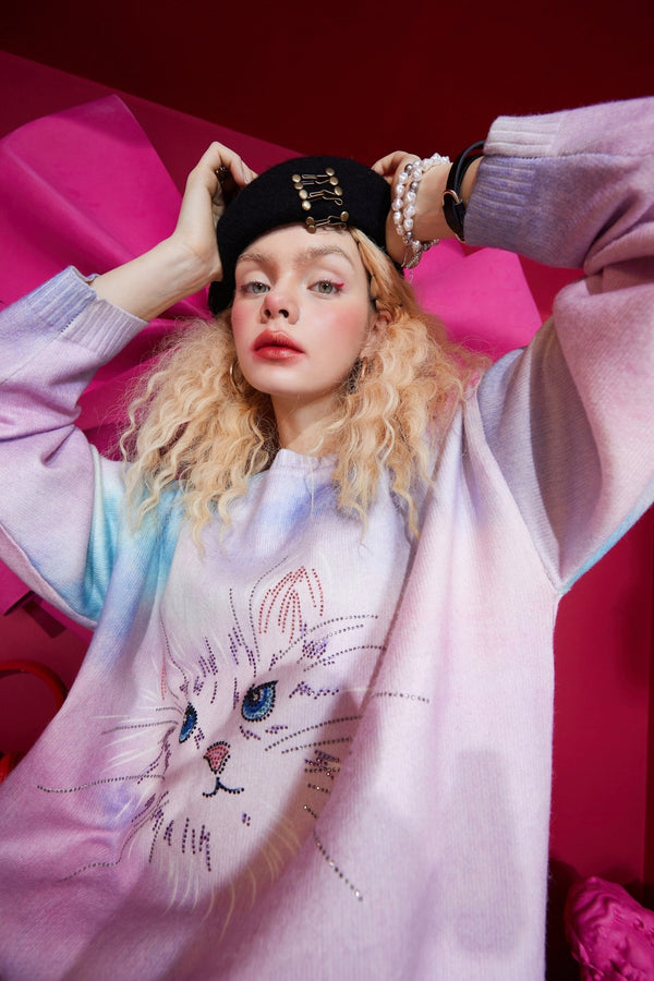 Cat Gradient Tie Dye Women Casual Knit Pullover Sweaters,Spring Vintage Diamond Beaded,Casual Girly Daily Sweet Top - Vimost Shop