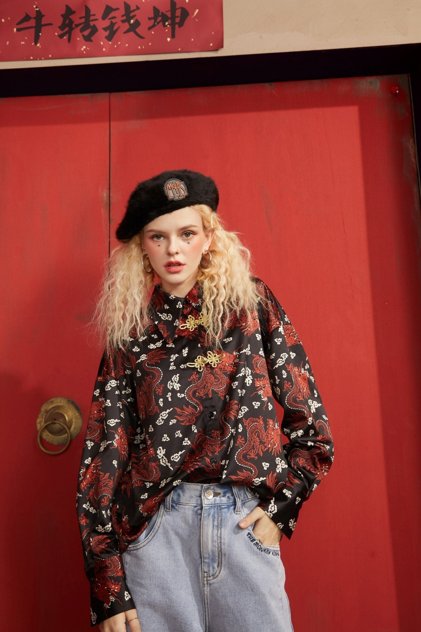 Character Print Chinese Buckle Casual Satin Shirt Women,Spring Vintage Full Sleeve,Korean Female Daily Chiffon Top - Vimost Shop