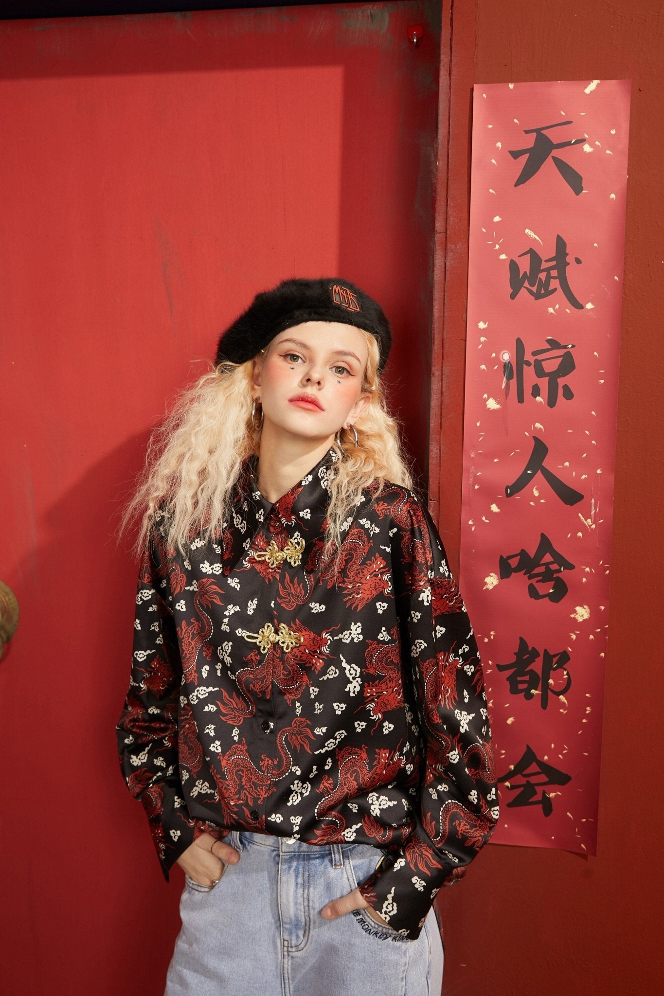 Character Print Chinese Buckle Casual Satin Shirt Women,Spring Vintage Full Sleeve,Korean Female Daily Chiffon Top - Vimost Shop