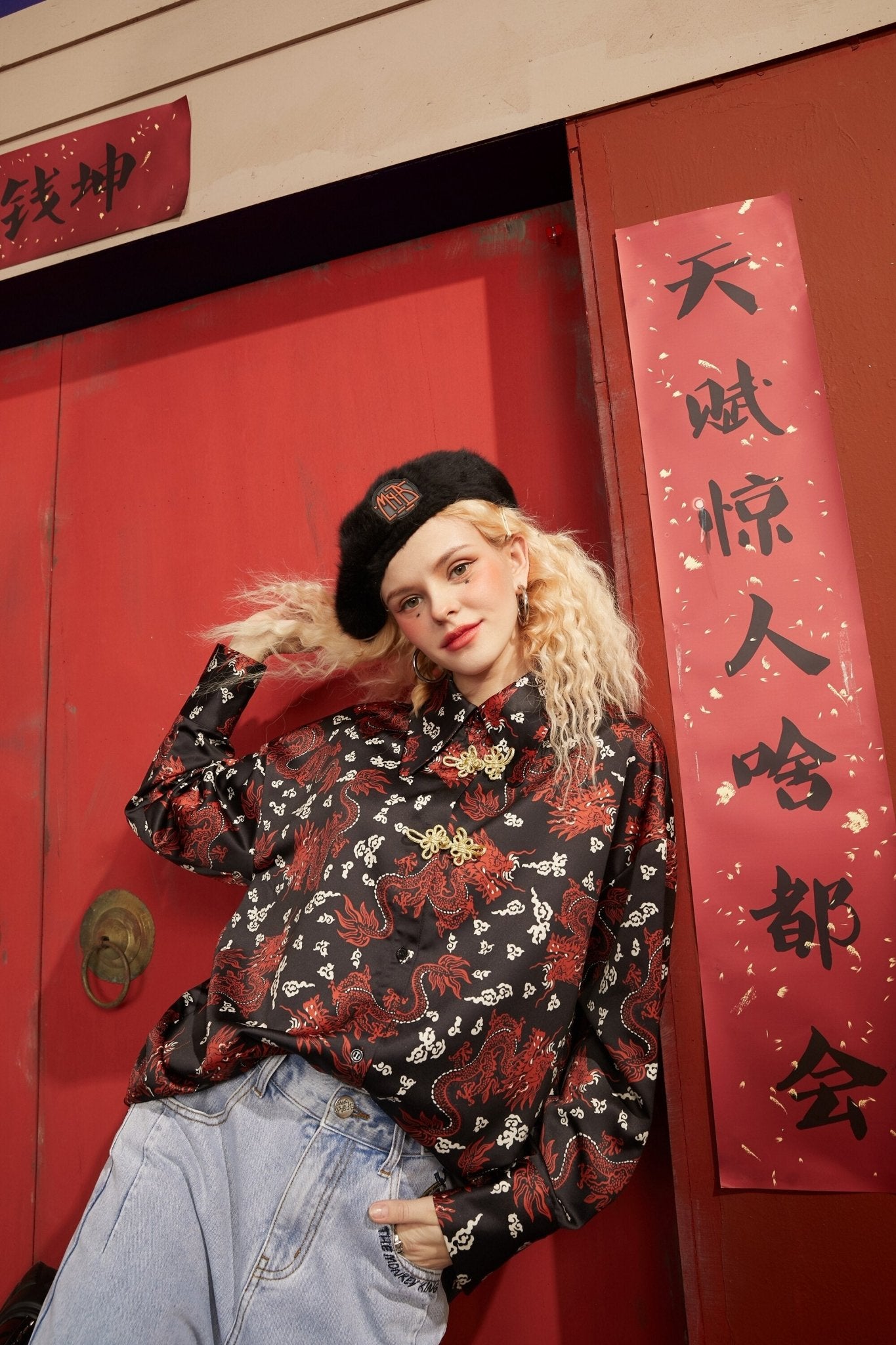 Character Print Chinese Buckle Casual Satin Shirt Women,Spring Vintage Full Sleeve,Korean Female Daily Chiffon Top - Vimost Shop