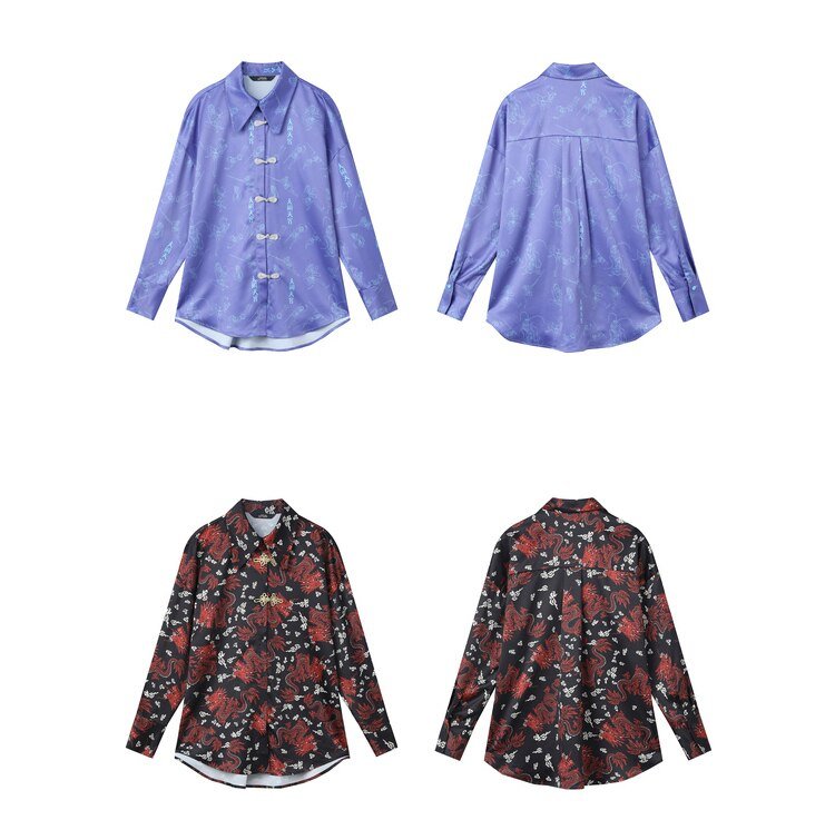 Character Print Chinese Buckle Casual Satin Shirt Women,Spring Vintage Full Sleeve,Korean Female Daily Chiffon Top - Vimost Shop
