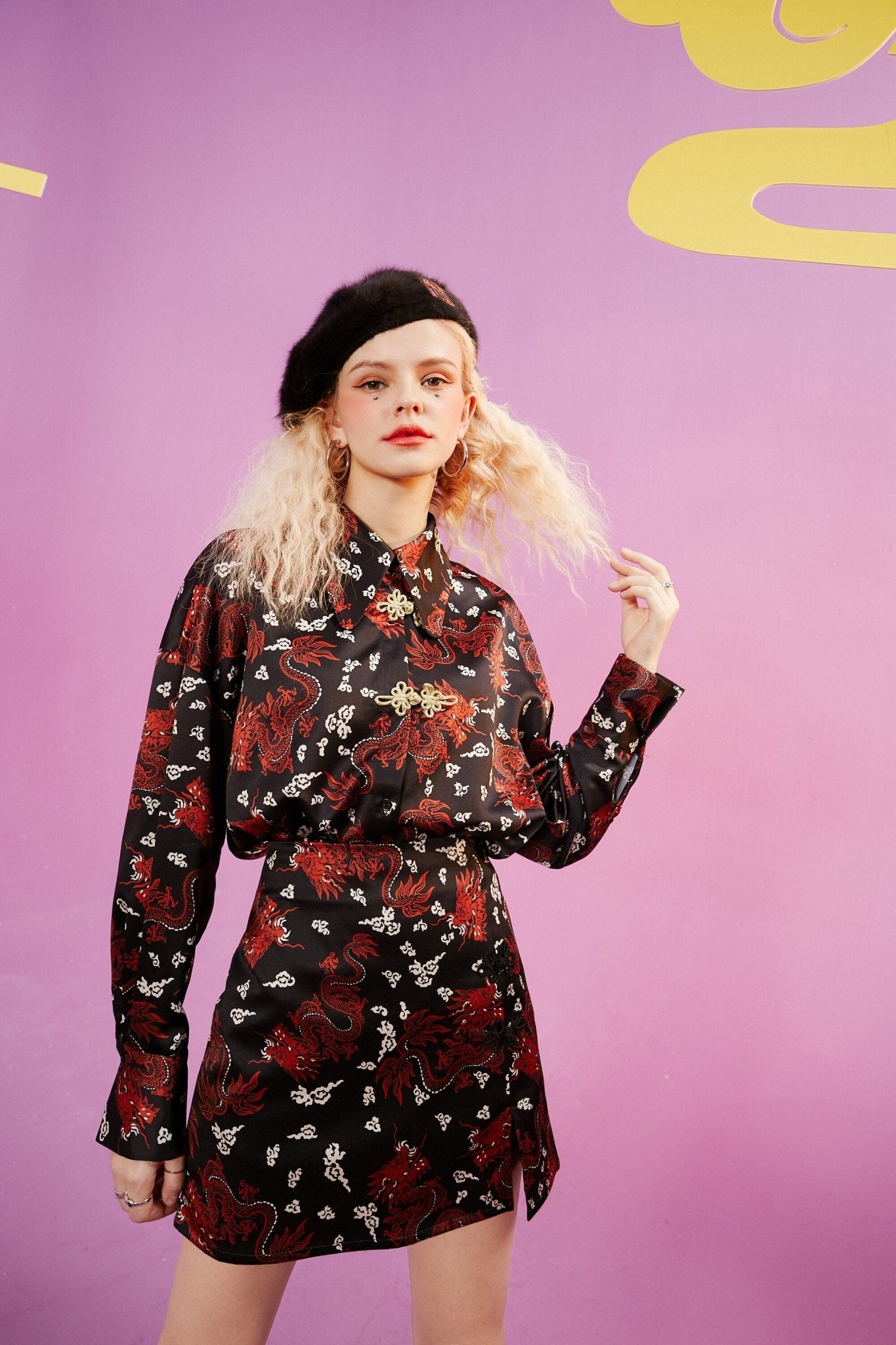 Character Print Chinese Buckle Casual Satin Shirt Women,Spring Vintage Full Sleeve,Korean Female Daily Chiffon Top - Vimost Shop