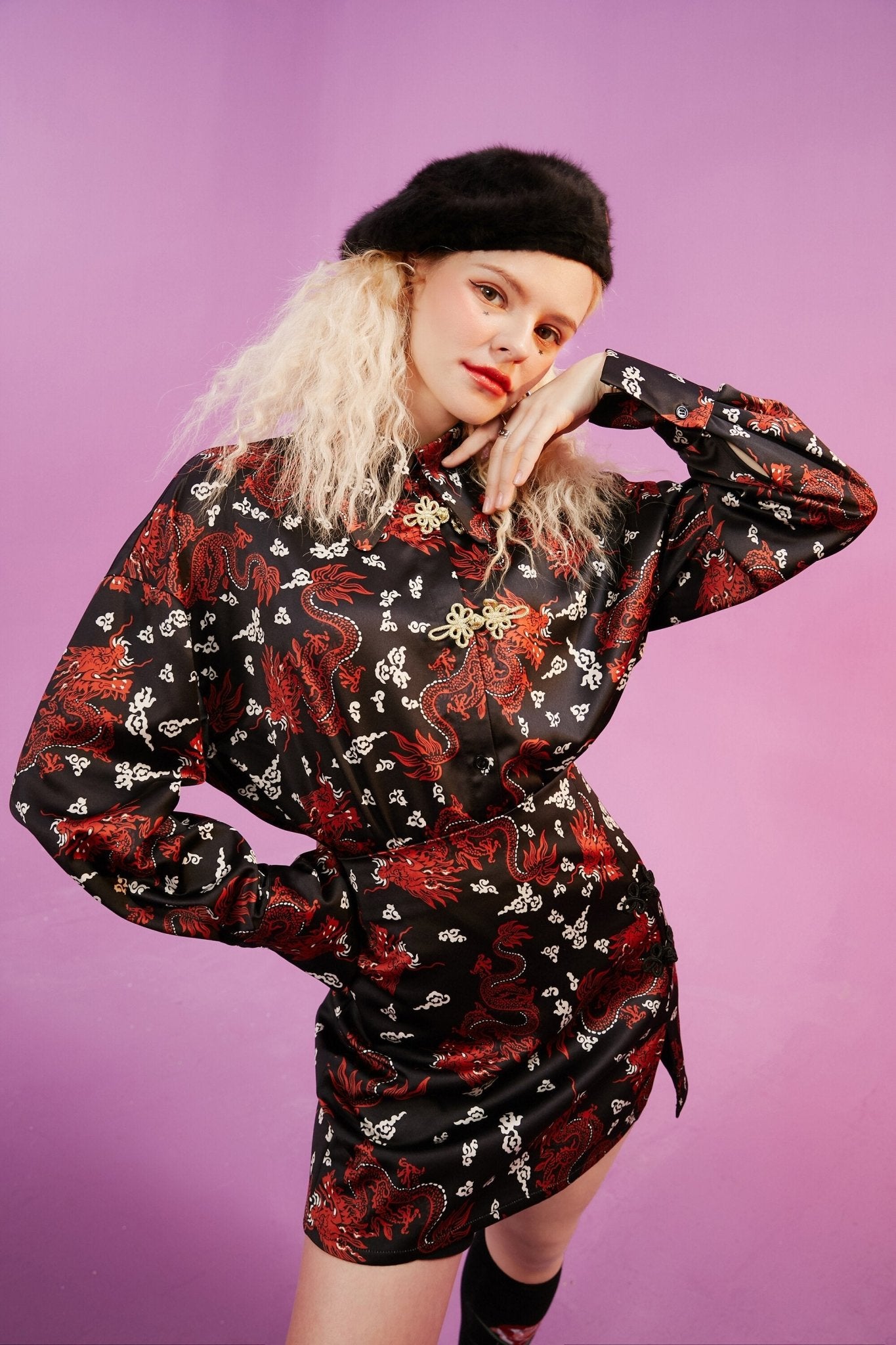 Character Print Chinese Buckle Casual Satin Shirt Women,Spring Vintage Full Sleeve,Korean Female Daily Chiffon Top - Vimost Shop