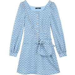 Chic Pearls Casual Women Vintage Dress,Autumn High Elastic Waist Full Sleeve Sweety Ladies Preppy Party Dress