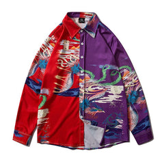 Chinese Style Phoenix Print Shirts Red Purple Color Block Patchwork Top Streetwear Mens Casual Japan Long Sleeve Shirt