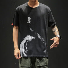 Chinese Style T shirt Men Funny Anime Print O-Neck Loose Black White Hip-hop Cotton Tshirts Male Summer Streetwear Fashion Tees