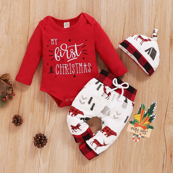 Christmas Baby Outfits 2020 Winter Cotton 3Piece Set Bodysuit+Pants+Hat Xmas Print Long Sleeve Baby Clothes for Boy Girl D30 - Vimost Shop