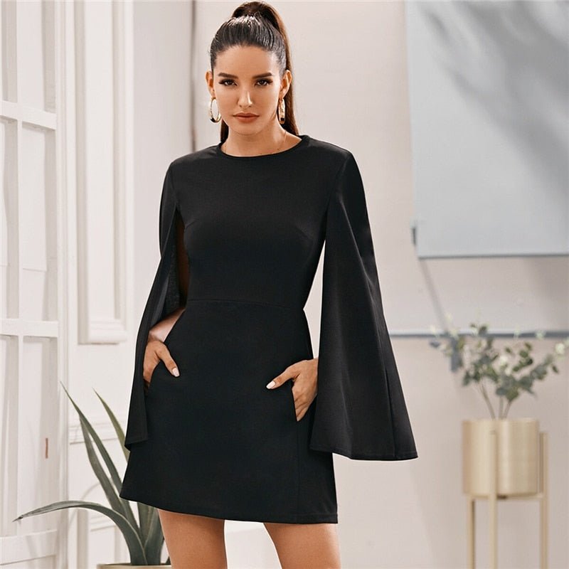 Cloak Sleeve Pocket Side Dress Without Belt Women Autumn Solid O-neck Short Fitted Elegant Highstreet Dresses - Vimost Shop