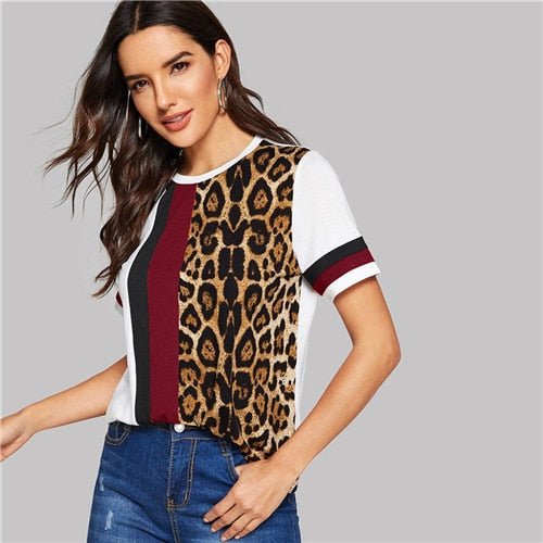 Color Block Cut-and-Sew Leopard Panel Top Short Sleeve O-Neck Casual T Shirt Women Summer Leisure Ladies Tshirt Tops - Vimost Shop
