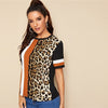Color Block Cut-and-Sew Leopard Panel Top Short Sleeve O-Neck Casual T Shirt Women Summer Leisure Ladies Tshirt Tops - Vimost Shop