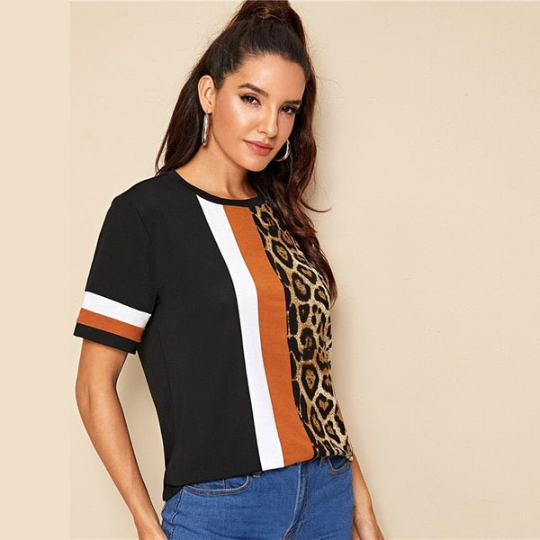 Color Block Cut-and-Sew Leopard Panel Top Short Sleeve O-Neck Casual T Shirt Women Summer Leisure Ladies Tshirt Tops - Vimost Shop