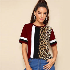 Color Block Cut-and-Sew Leopard Panel Top Short Sleeve O-Neck Casual T Shirt Women Summer Leisure Ladies Tshirt Tops