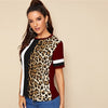 Color Block Cut-and-Sew Leopard Panel Top Short Sleeve O-Neck Casual T Shirt Women Summer Leisure Ladies Tshirt Tops - Vimost Shop