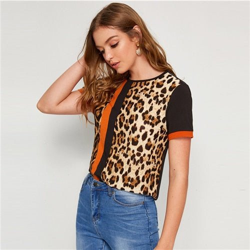 Color Block Cut-and-Sew Leopard Panel Top Short Sleeve O-Neck Casual T Shirt Women Summer Leisure Ladies Tshirt Tops - Vimost Shop