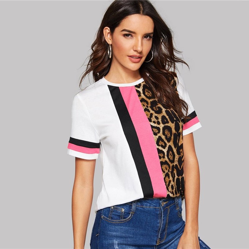 Color Block Cut-and-Sew Leopard Panel Top Short Sleeve O-Neck Casual T Shirt Women Summer Leisure Ladies Tshirt Tops - Vimost Shop
