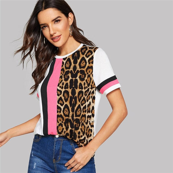 Color Block Cut-and-Sew Leopard Panel Top Short Sleeve O-Neck Casual T Shirt Women Summer Leisure Ladies Tshirt Tops - Vimost Shop