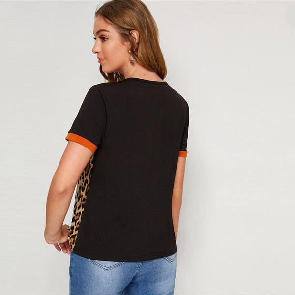 Color Block Cut-and-Sew Leopard Panel Top Short Sleeve O-Neck Casual T Shirt Women Summer Leisure Ladies Tshirt Tops - Vimost Shop