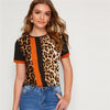 Color Block Cut-and-Sew Leopard Panel Top Short Sleeve O-Neck Casual T Shirt Women Summer Leisure Ladies Tshirt Tops - Vimost Shop