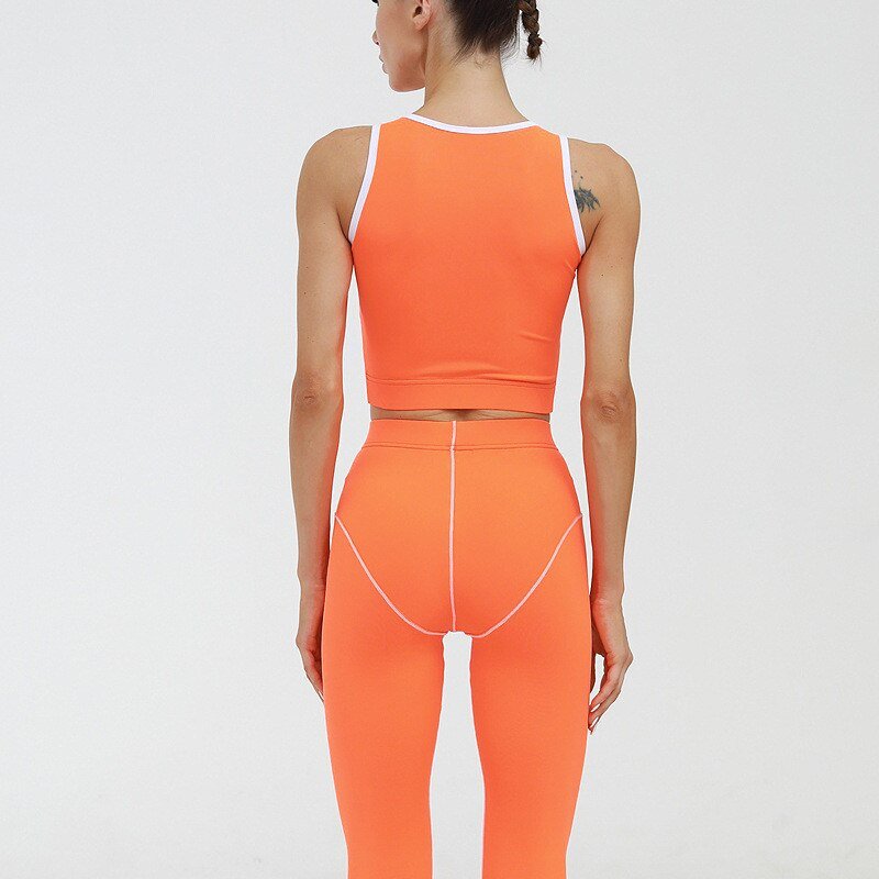 Color Patchwork Women 2 PCS Yoga Set Zipper Sleeveless Vest Top Fitness Leggings GYM Workout Pants Running Suit Sportswear - Vimost Shop