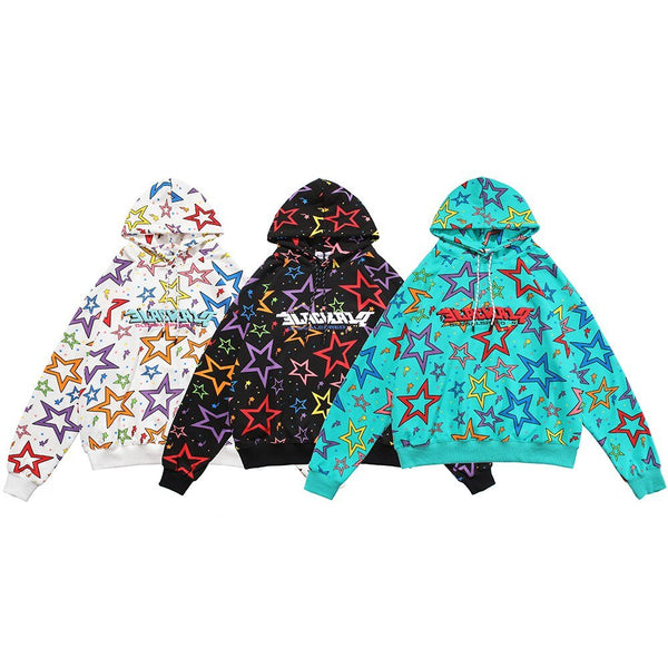 Colorful Star Print Letter Patch Hoodie Men Baggy Sweatshirt Pullover Harajuku High Street Hip Hop Style Streetwear Men - Vimost Shop