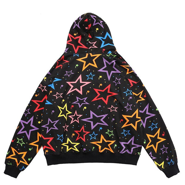 Colorful Star Print Letter Patch Hoodie Men Baggy Sweatshirt Pullover Harajuku High Street Hip Hop Style Streetwear Men - Vimost Shop