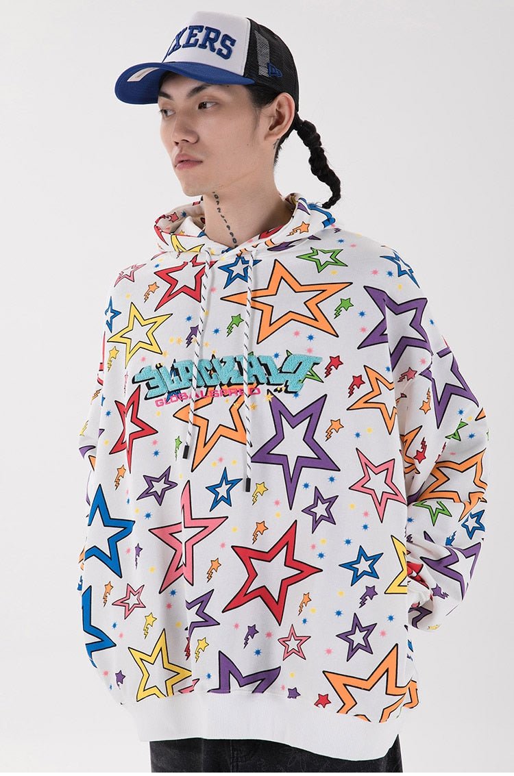 Colorful Star Print Letter Patch Hoodie Men Baggy Sweatshirt Pullover Harajuku High Street Hip Hop Style Streetwear Men - Vimost Shop