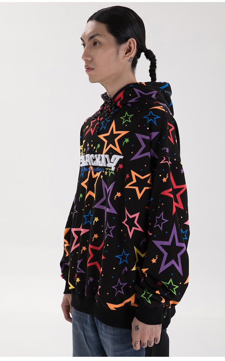 Colorful Star Print Letter Patch Hoodie Men Baggy Sweatshirt Pullover Harajuku High Street Hip Hop Style Streetwear Men - Vimost Shop