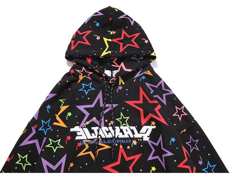 Colorful Star Print Letter Patch Hoodie Men Baggy Sweatshirt Pullover Harajuku High Street Hip Hop Style Streetwear Men - Vimost Shop