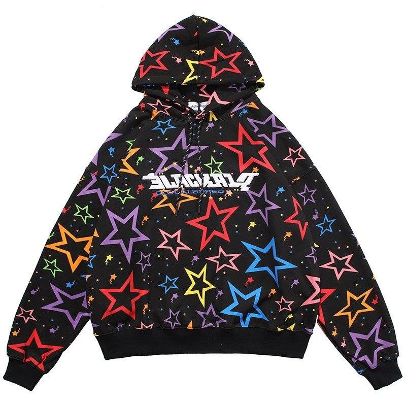 Colorful Star Print Letter Patch Hoodie Men Baggy Sweatshirt Pullover Harajuku High Street Hip Hop Style Streetwear Men - Vimost Shop