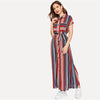 Colorful Striped Belted Hijab Shirt Dress Women Chic Spring Summer Button Short Sleeve Pocket Autumn Dresses - Vimost Shop