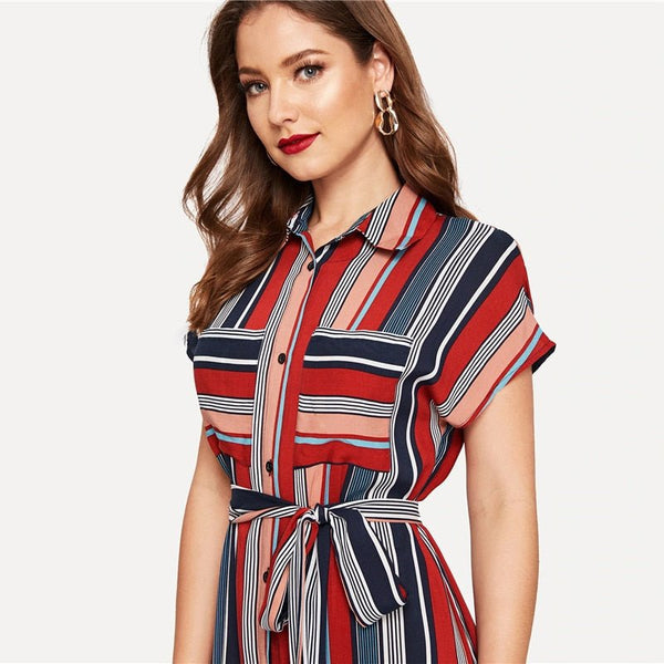 Colorful Striped Belted Hijab Shirt Dress Women Chic Spring Summer Button Short Sleeve Pocket Autumn Dresses - Vimost Shop
