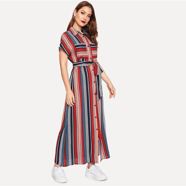 Colorful Striped Belted Hijab Shirt Dress Women Chic Spring Summer Button Short Sleeve Pocket Autumn Dresses - Vimost Shop