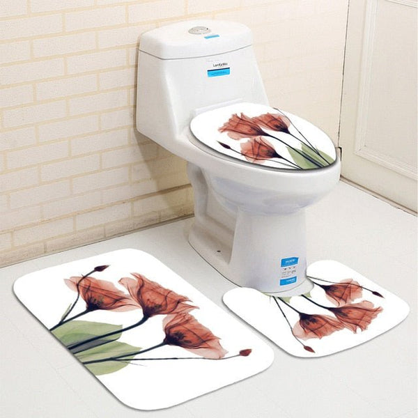 Colorful Tulip Lotus Flowers Trees Shower Curtain Sets Non-Slip Rugs Toilet Lid Cover and Bath Mat Waterproof Bathroom Curtains - Vimost Shop