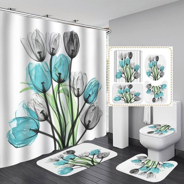 Colorful Tulip Lotus Flowers Trees Shower Curtain Sets Non-Slip Rugs Toilet Lid Cover and Bath Mat Waterproof Bathroom Curtains - Vimost Shop
