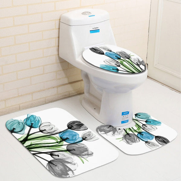 Colorful Tulip Lotus Flowers Trees Shower Curtain Sets Non-Slip Rugs Toilet Lid Cover and Bath Mat Waterproof Bathroom Curtains - Vimost Shop