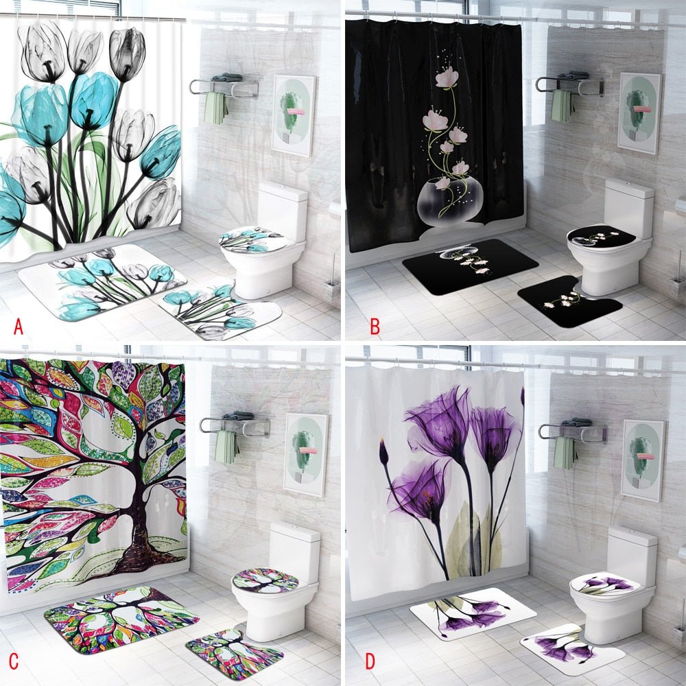 Colorful Tulip Lotus Flowers Trees Shower Curtain Sets Non-Slip Rugs Toilet Lid Cover and Bath Mat Waterproof Bathroom Curtains - Vimost Shop