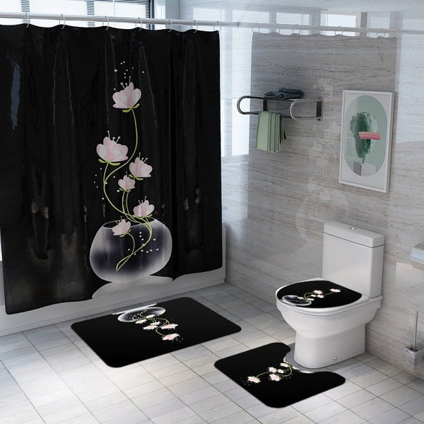 Colorful Tulip Lotus Flowers Trees Shower Curtain Sets Non-Slip Rugs Toilet Lid Cover and Bath Mat Waterproof Bathroom Curtains - Vimost Shop