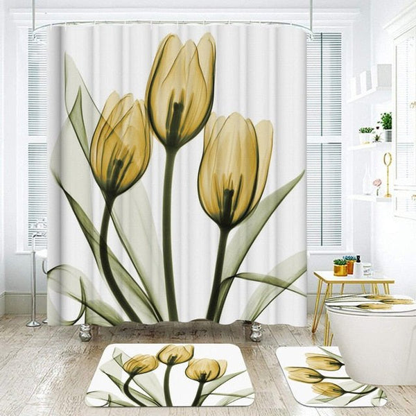 Colorful Tulip Lotus Flowers Trees Shower Curtain Sets Non-Slip Rugs Toilet Lid Cover and Bath Mat Waterproof Bathroom Curtains - Vimost Shop