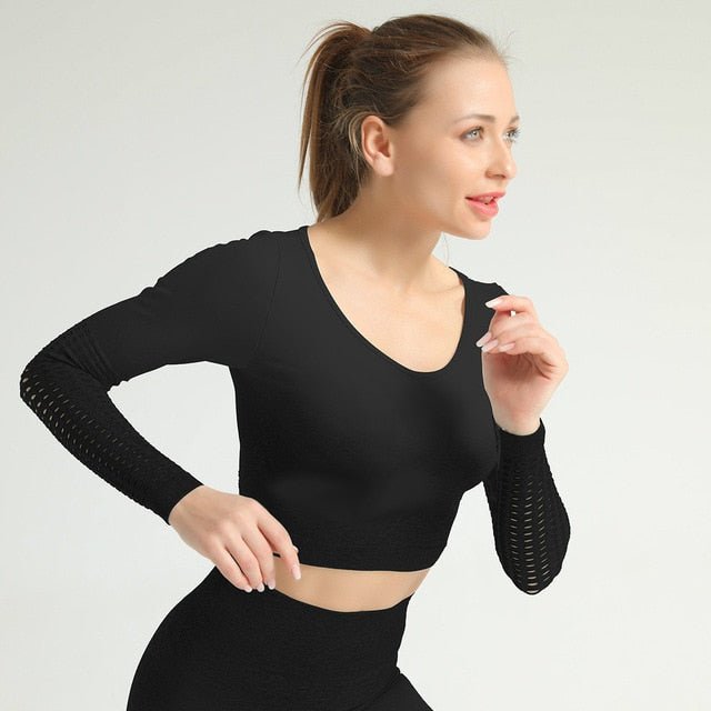 Colorvalue Seamless Ombre Yoga Sport Fitness Cropped Tops Women Stretchy Hollow Out Slim Fit Workout Gym Long Sleeved Shirts - Vimost Shop