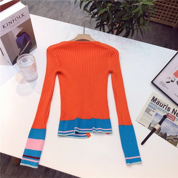 Contrast Color Stitching Irregular Thin Section Knitted Stretch Cardigan Ladies Spring Autumn New Fashion Slim Fit Top - Vimost Shop