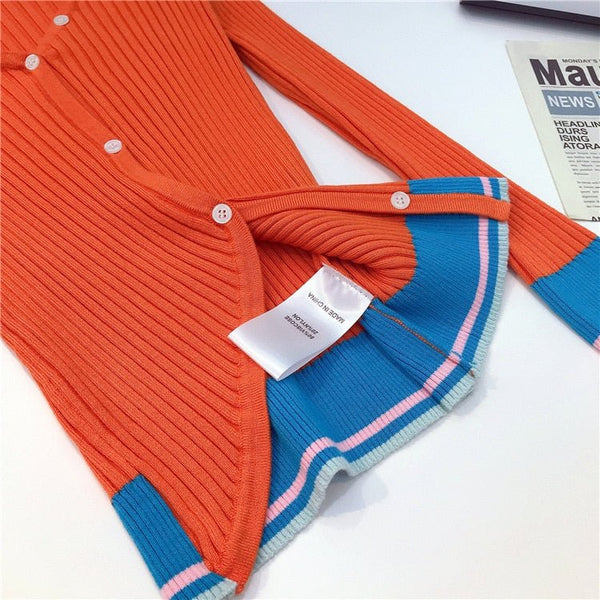 Contrast Color Stitching Irregular Thin Section Knitted Stretch Cardigan Ladies Spring Autumn New Fashion Slim Fit Top - Vimost Shop