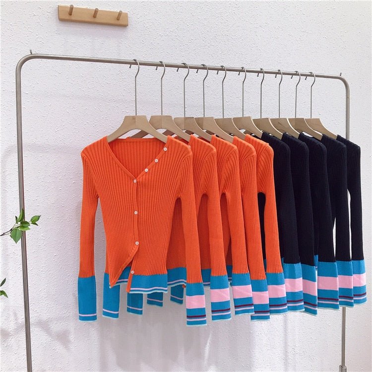 Contrast Color Stitching Irregular Thin Section Knitted Stretch Cardigan Ladies Spring Autumn New Fashion Slim Fit Top - Vimost Shop