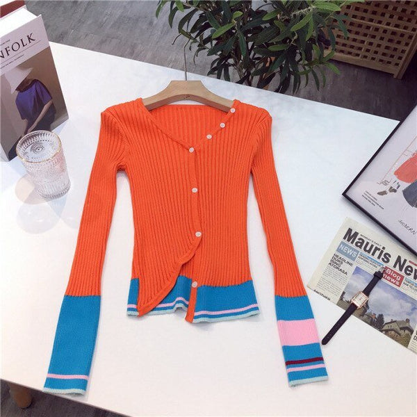 Contrast Color Stitching Irregular Thin Section Knitted Stretch Cardigan Ladies Spring Autumn New Fashion Slim Fit Top - Vimost Shop