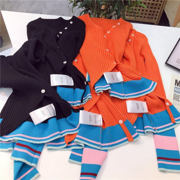 Contrast Color Stitching Irregular Thin Section Knitted Stretch Cardigan Ladies Spring Autumn New Fashion Slim Fit Top - Vimost Shop